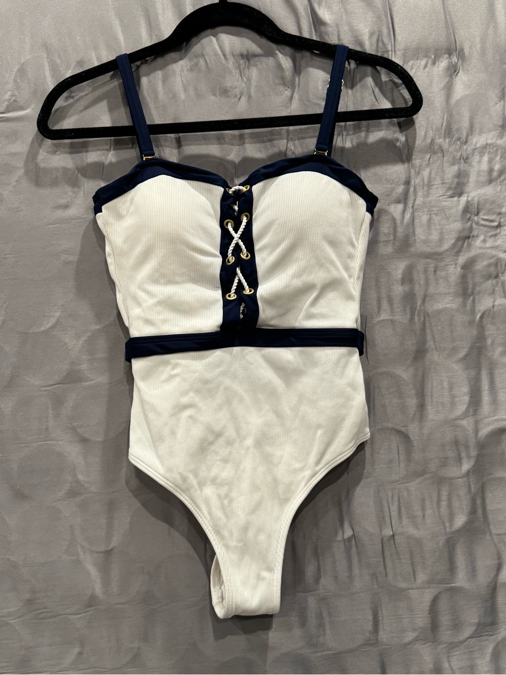 Beach Bunny White and Navy Lace-Up One-Piece Swimsuit